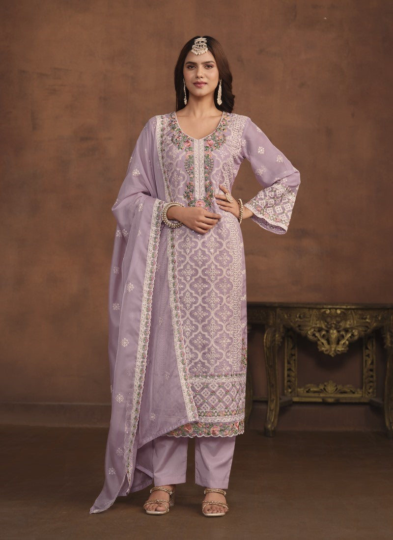 Lavender Organza Long Pant Style Salwar Suit-2