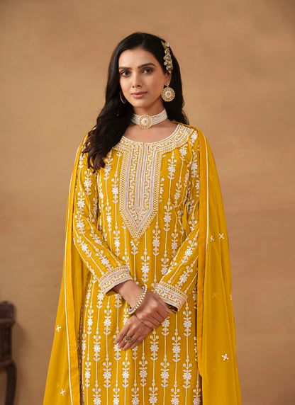 Yellow Georgette Sharara Suit With Embroidery Work-2