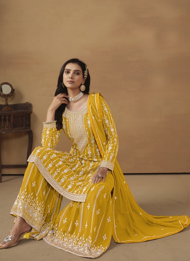 Yellow Georgette Sharara Suit With Embroidery Work-2