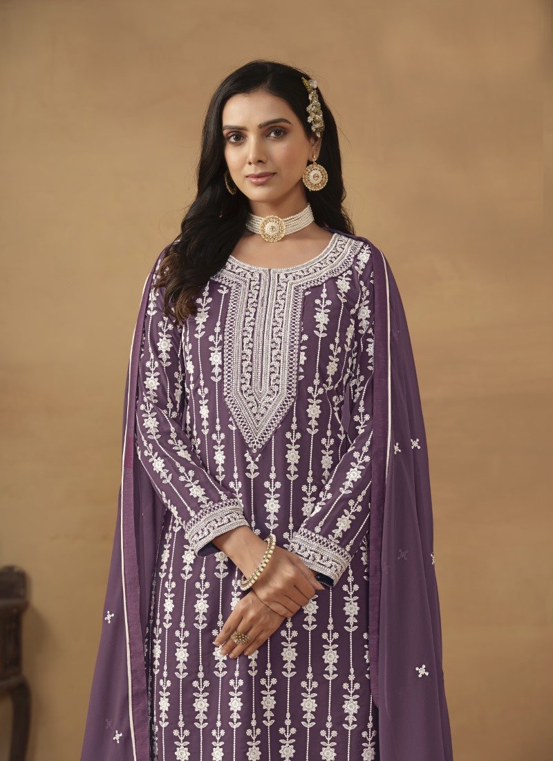 Purple Georgette Sharara Suit With Embroidery Work-2