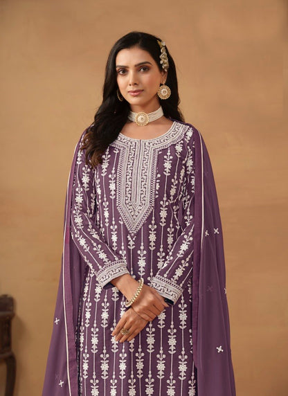 Purple Georgette Sharara Suit With Embroidery Work-2