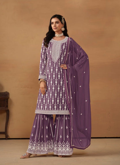 Purple Georgette Sharara Suit With Embroidery Work