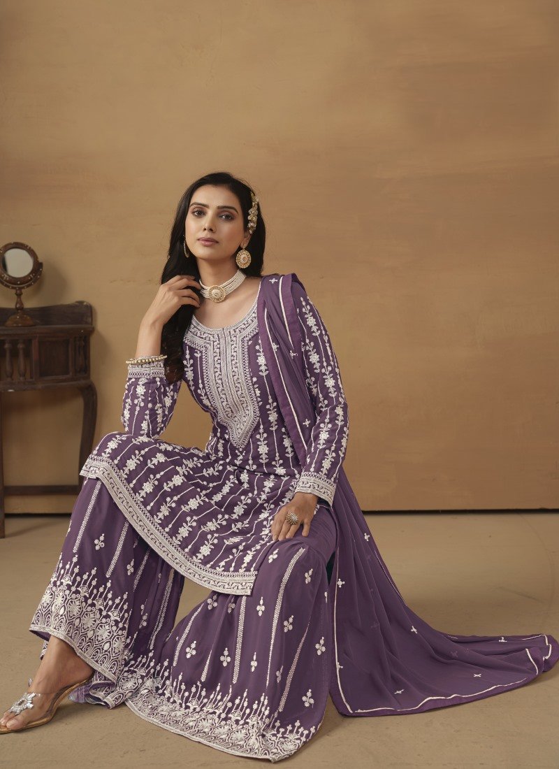 Purple Georgette Sharara Suit With Embroidery Work-2