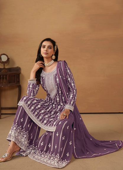 Purple Georgette Sharara Suit With Embroidery Work-2