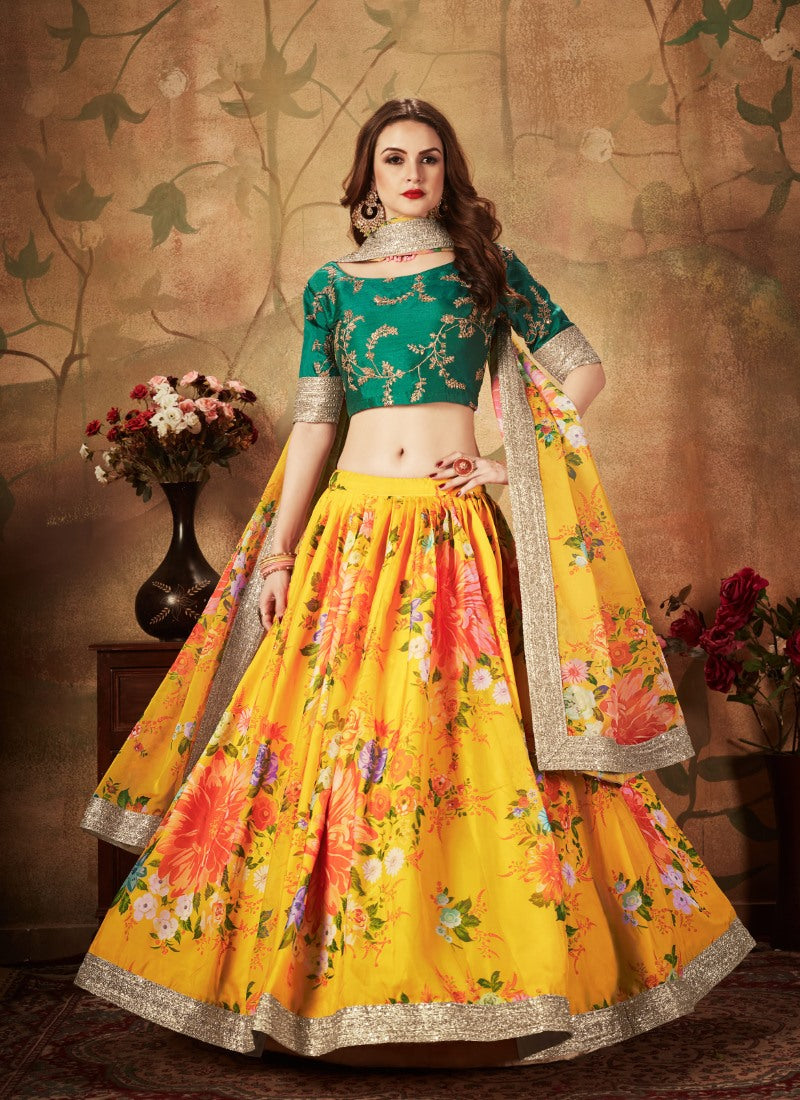 Green & Yellow Digital Printed Lehenga Choli with Zari and Sequins Work