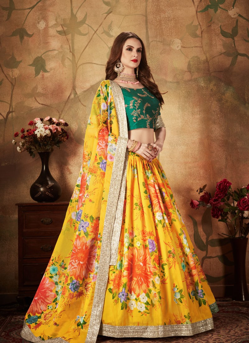 Green & Yellow Digital Printed Lehenga Choli with Zari and Sequins Work