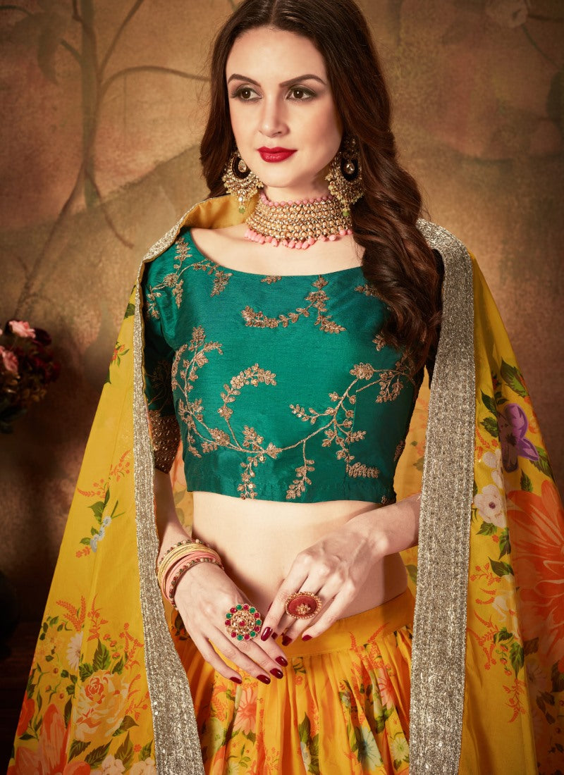 Green & Yellow Digital Printed Lehenga Choli with Zari and Sequins Work