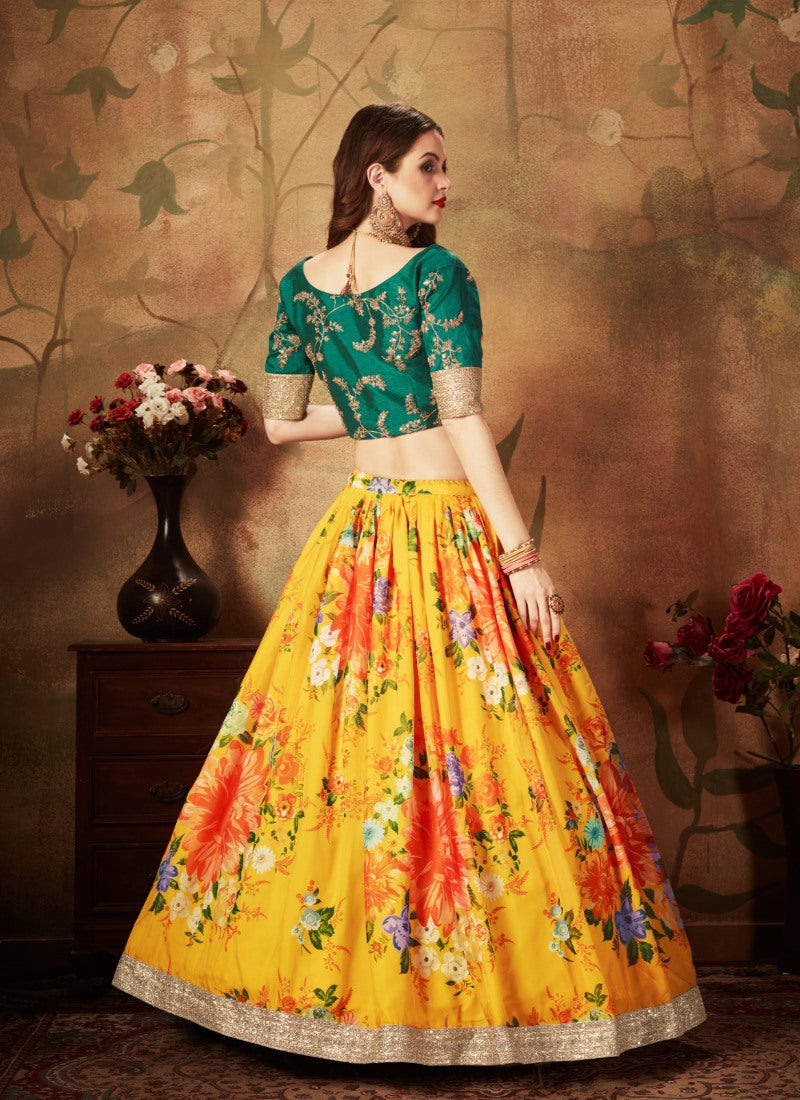 Green & Yellow Digital Printed Lehenga Choli with Zari and Sequins Work