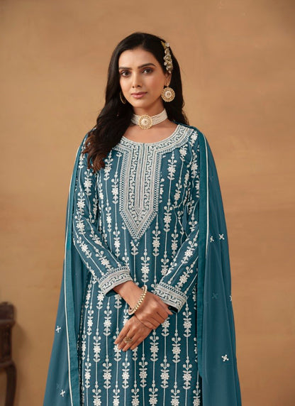 Teal Blue Georgette Sharara Suit With Embroidery Work-2