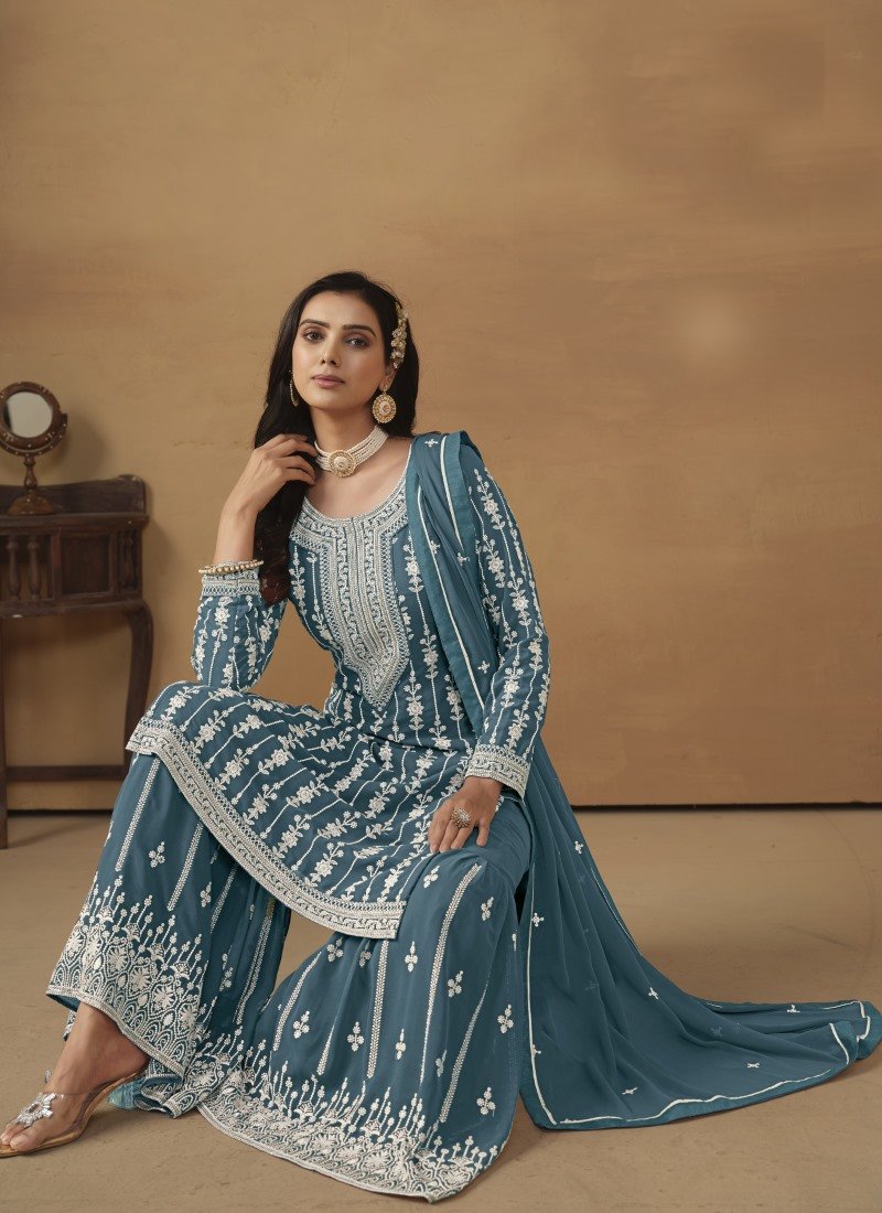 Teal Blue Georgette Sharara Suit With Embroidery Work