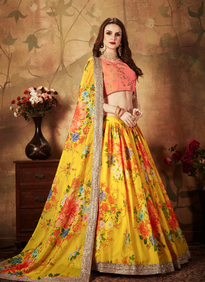 Yellow Digital Printed Lehenga Choli with Zari and Sequins Work