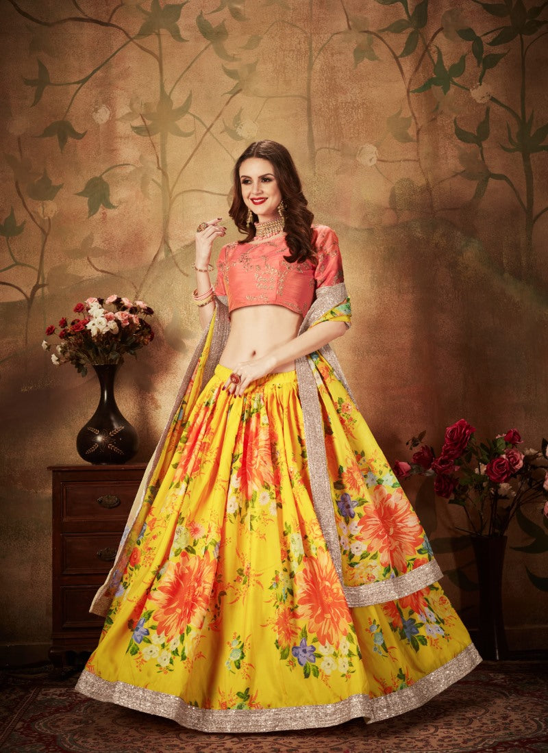 Yellow Digital Printed Lehenga Choli with Zari and Sequins Work