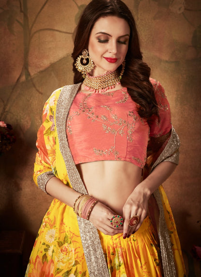 Yellow Digital Printed Lehenga Choli with Zari and Sequins Work