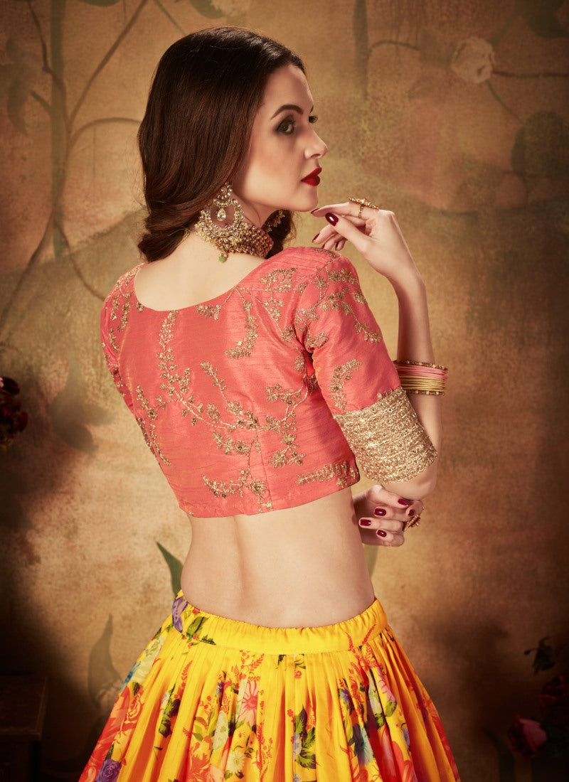 Yellow Digital Printed Lehenga Choli with Zari and Sequins Work