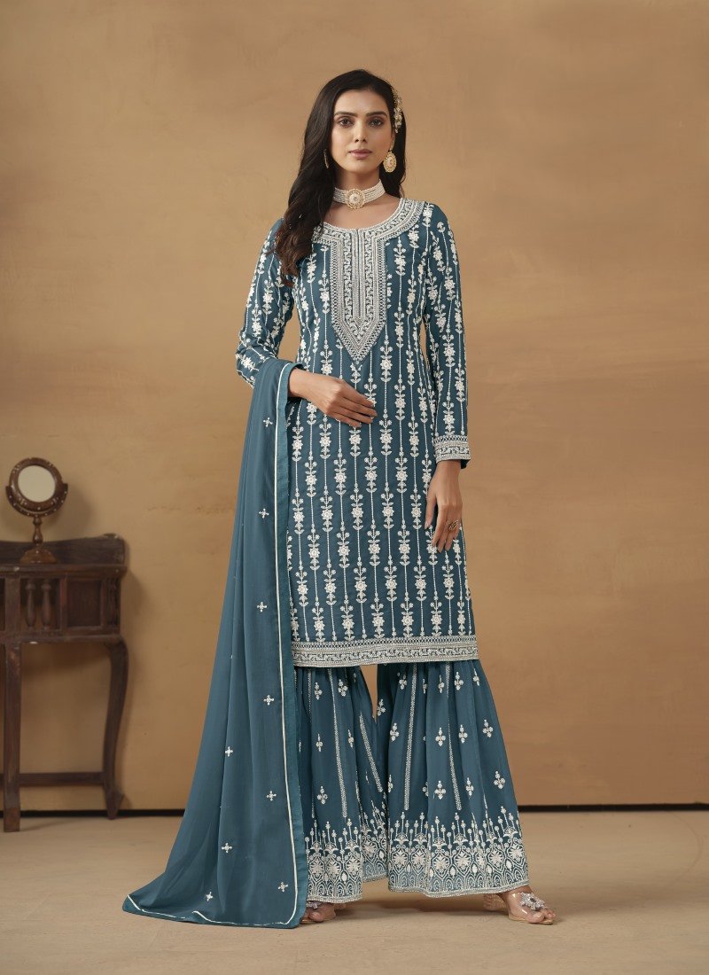 Teal Blue Georgette Sharara Suit With Embroidery Work-2