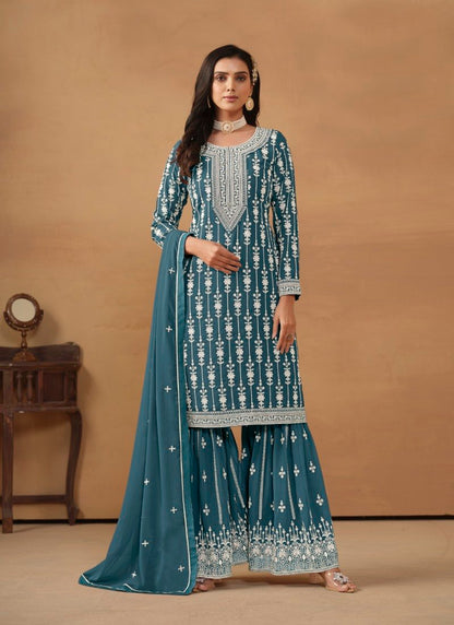 Teal Blue Georgette Sharara Suit With Embroidery Work-2