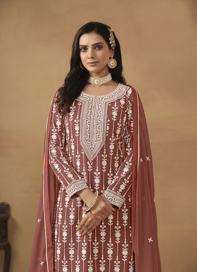 Maroon Georgette Sharara Suit With Embroidery Work-2