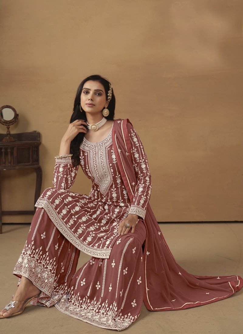 Maroon Georgette Sharara Suit With Embroidery Work-2