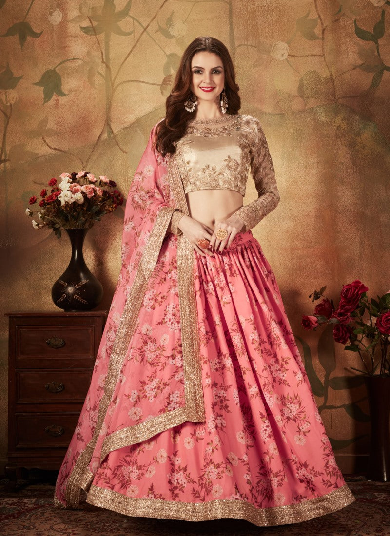 Pink Digital Printed Lehenga Choli with Zari and Sequins Work