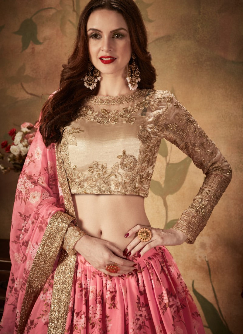 Pink Digital Printed Lehenga Choli with Zari and Sequins Work