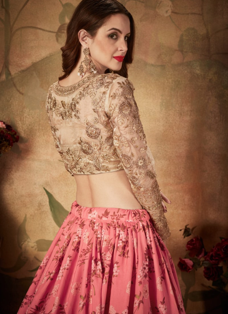 Pink Digital Printed Lehenga Choli with Zari and Sequins Work