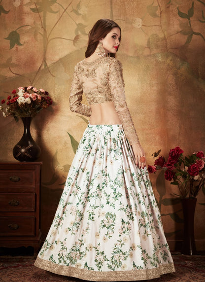 White Digital Printed Lehenga Choli with Zari and Sequins Work