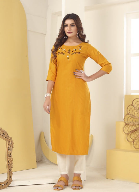 Yellow Silk Embroidered Kurti