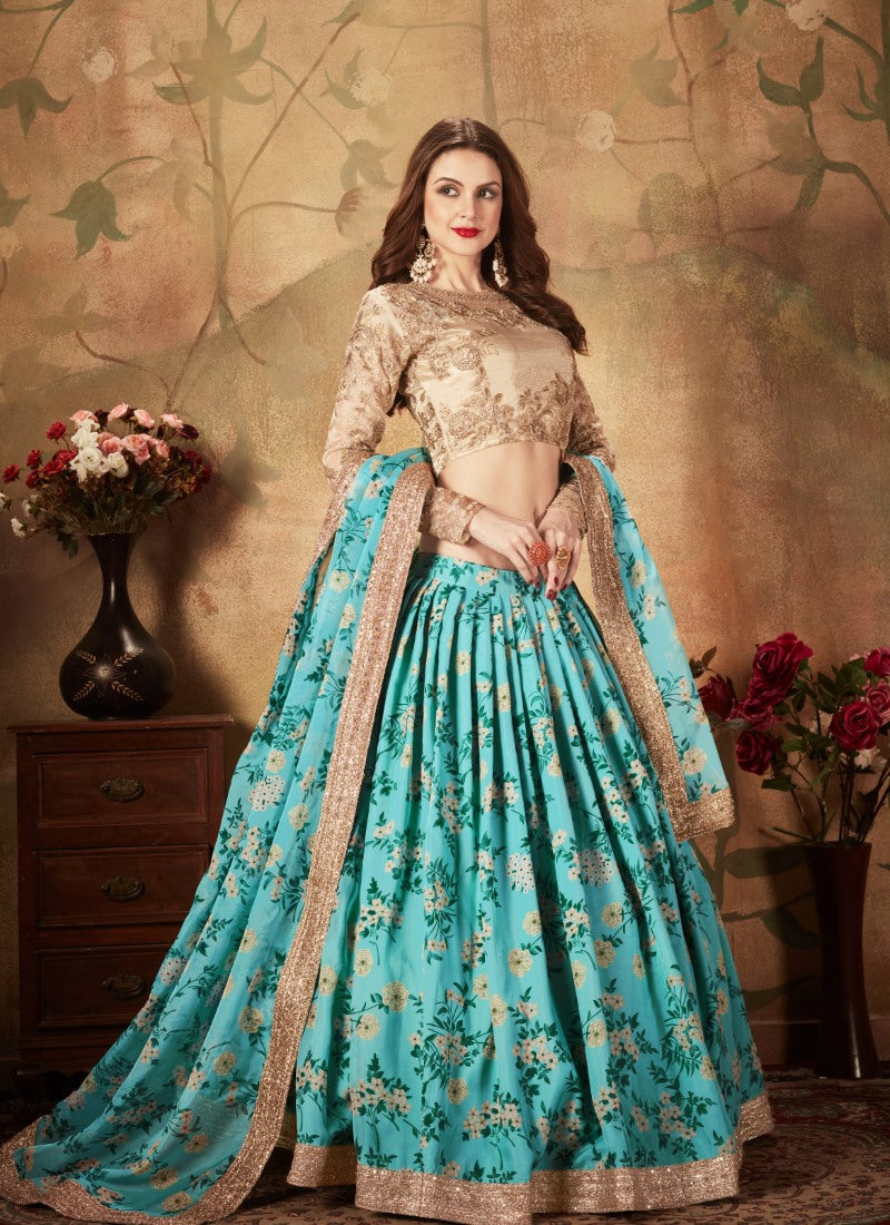 Blue Digital Printed Lehenga Choli with Zari and Sequins Work