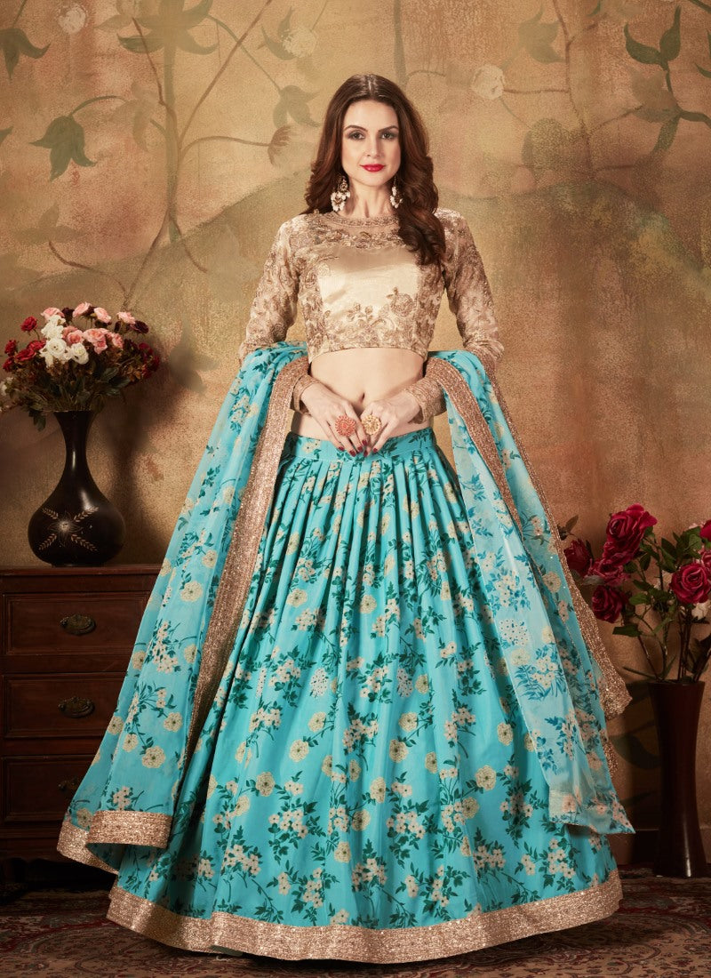 Blue Digital Printed Lehenga Choli with Zari and Sequins Work