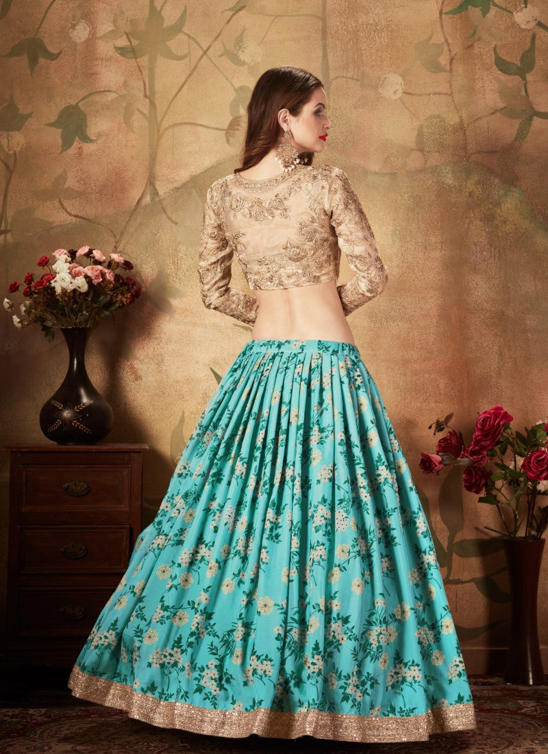 Blue Digital Printed Lehenga Choli with Zari and Sequins Work