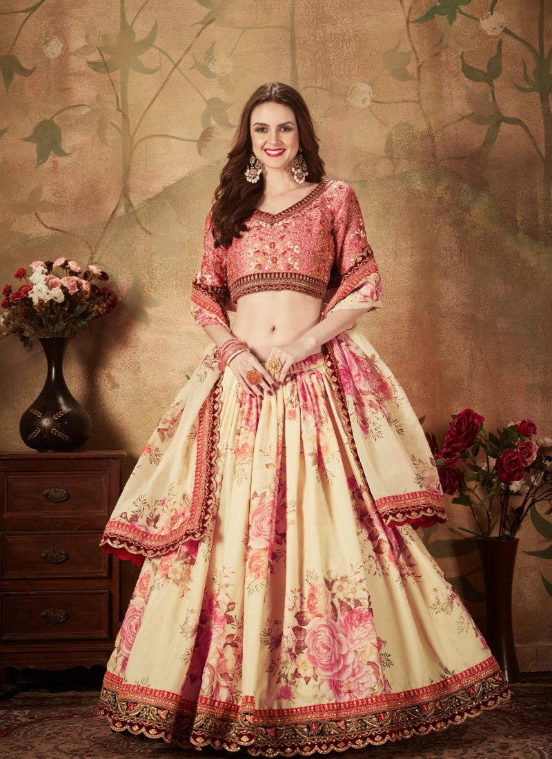 Cream Digital Printed Lehenga Choli with Zari and Sequins Work