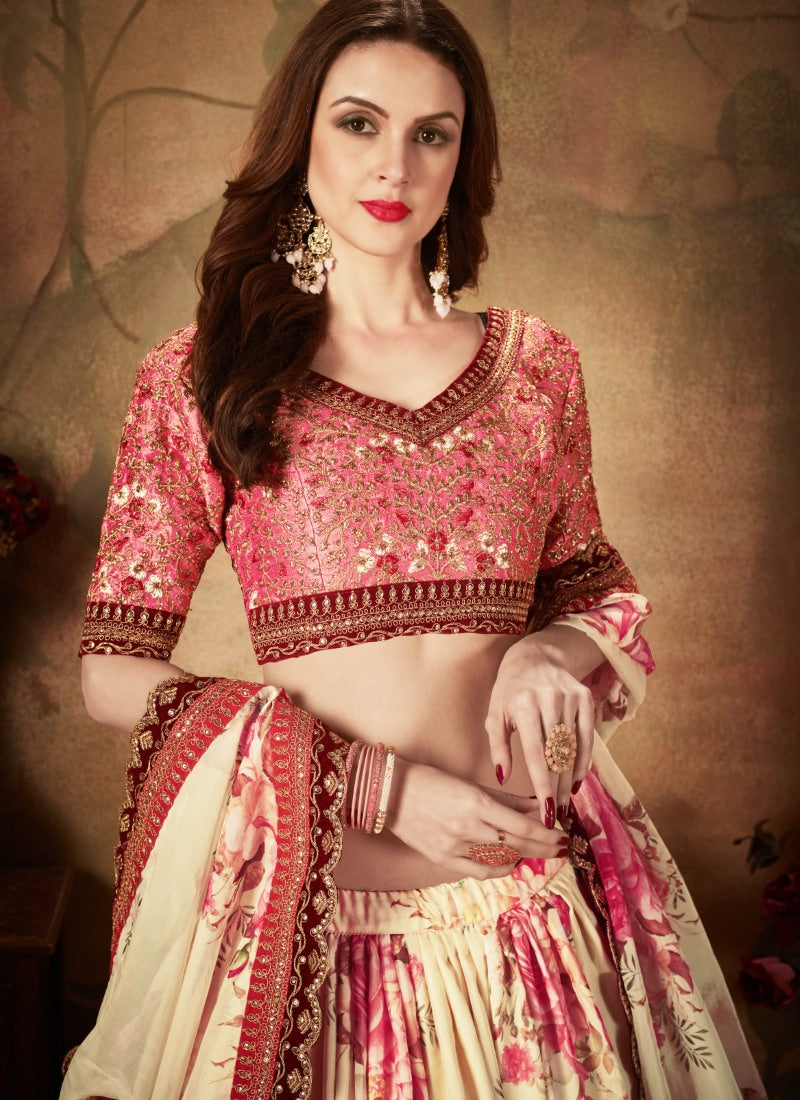 Cream Digital Printed Lehenga Choli with Zari and Sequins Work