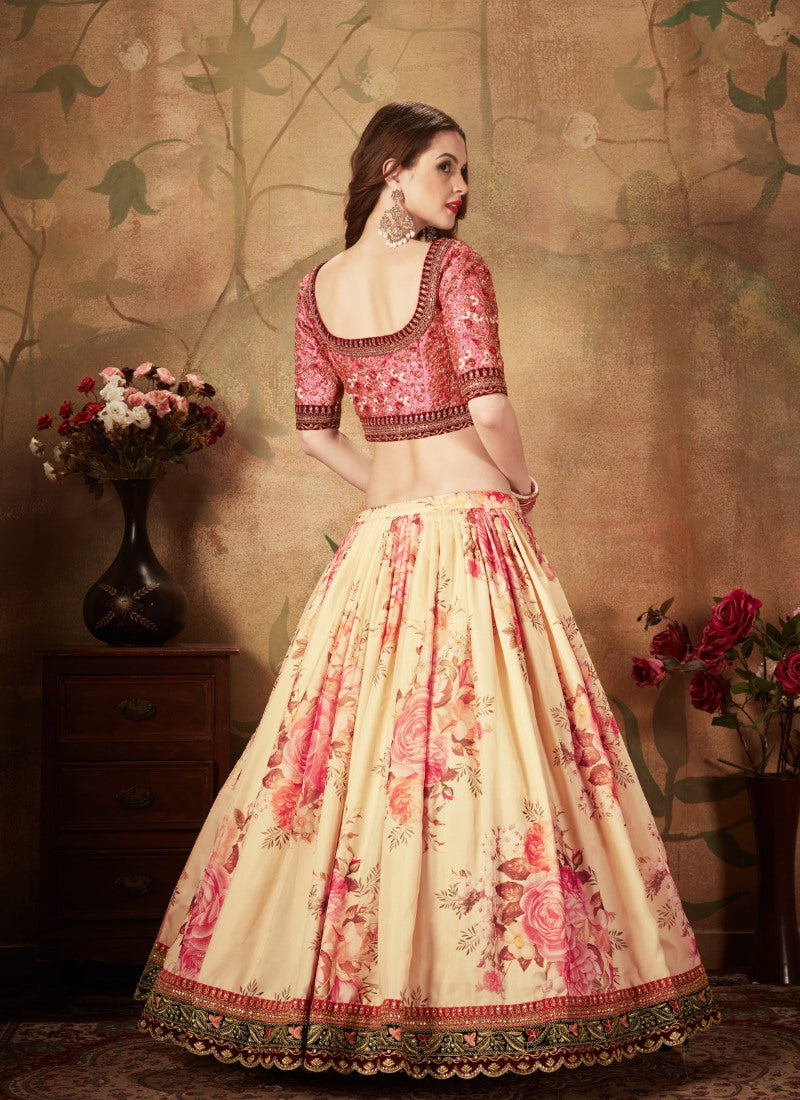 Cream Digital Printed Lehenga Choli with Zari and Sequins Work