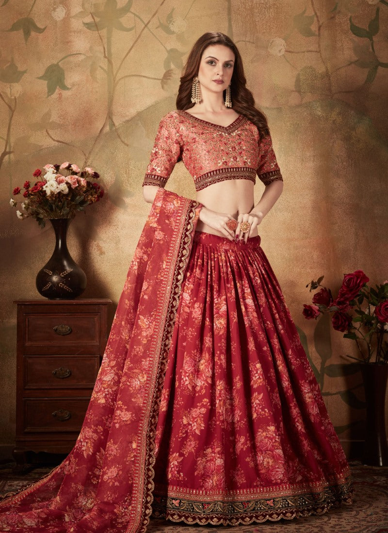 Red Digital Printed Lehenga Choli with Zari and Sequins Work