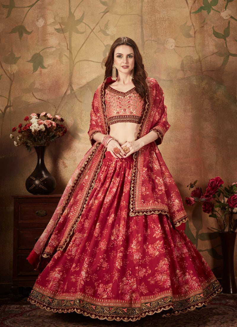 Red Digital Printed Lehenga Choli with Zari and Sequins Work