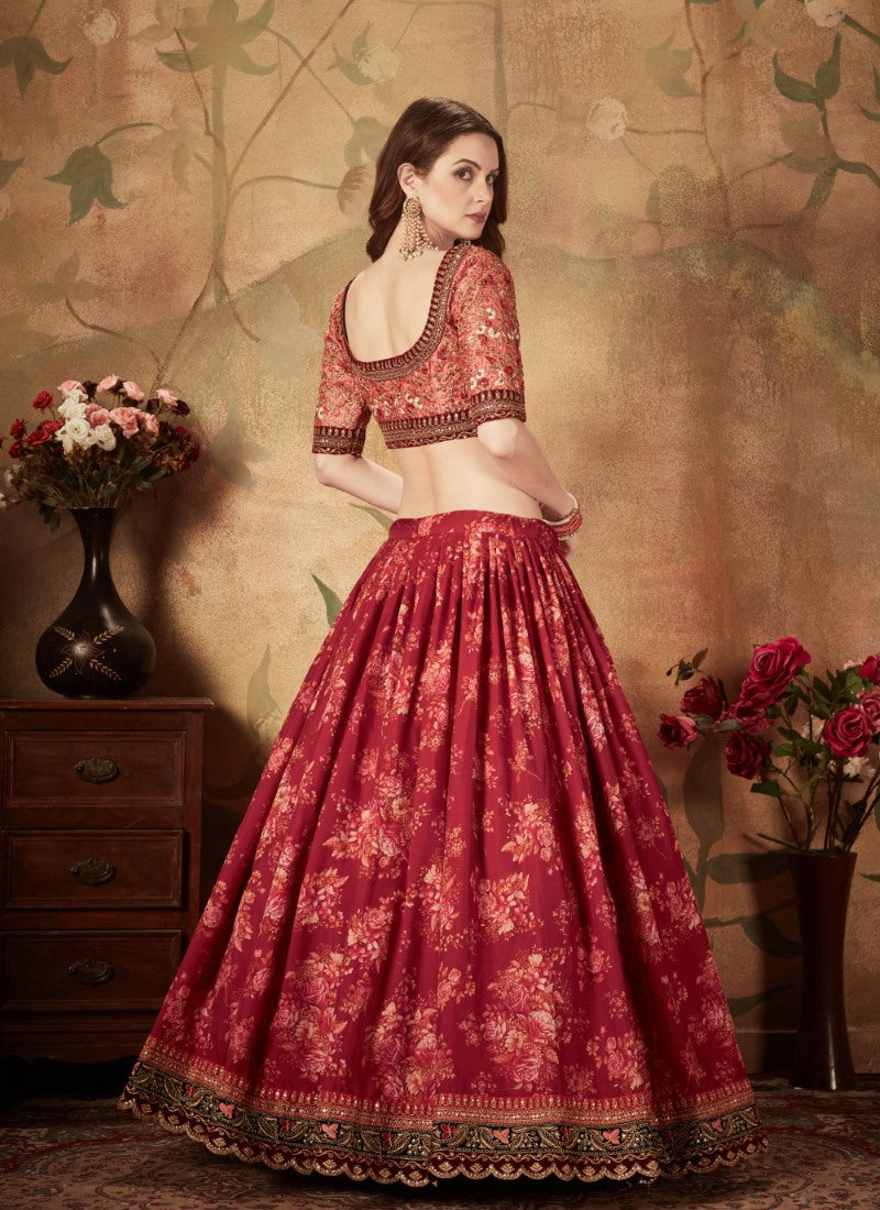 Red Digital Printed Lehenga Choli with Zari and Sequins Work