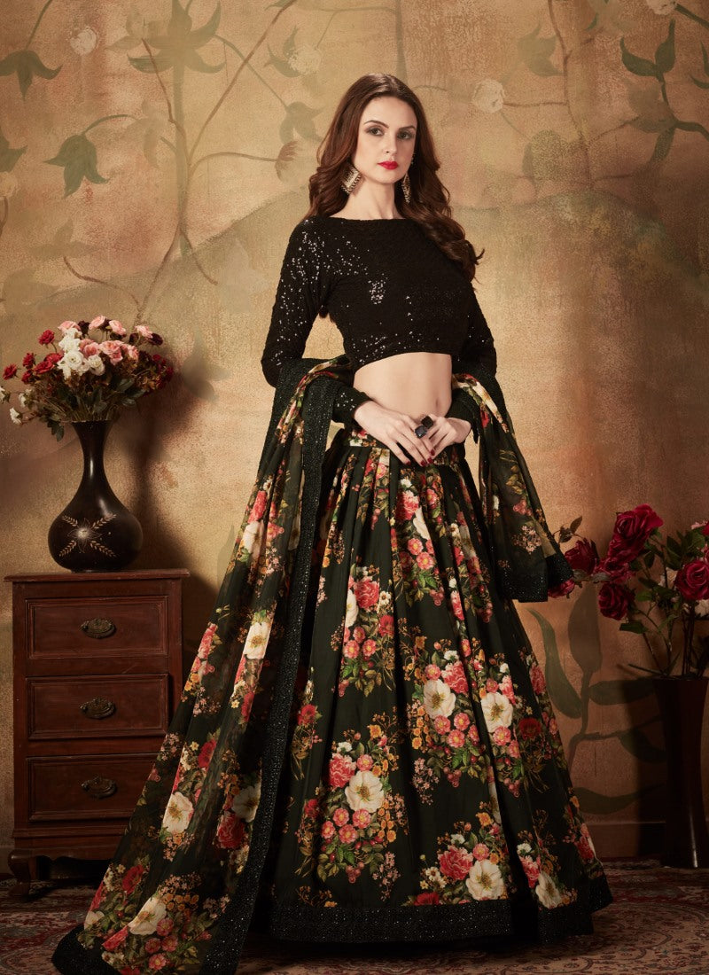 Black Digital Printed Lehenga Choli with Zari and Sequins Work