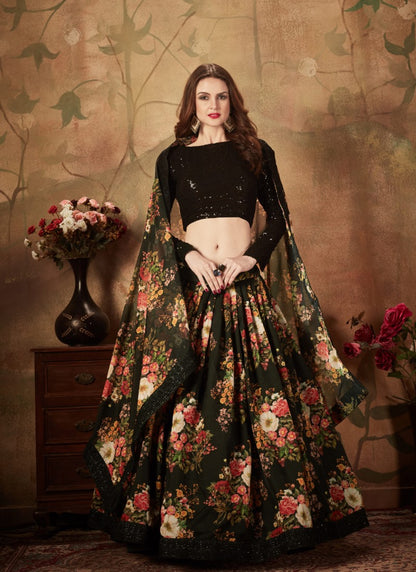 Black Digital Printed Lehenga Choli with Zari and Sequins Work