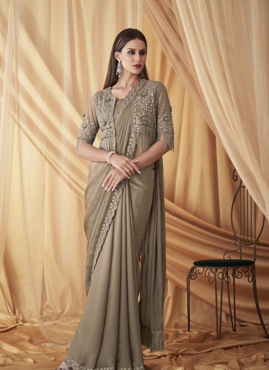 Brown Party Wear Saree With Jacket
