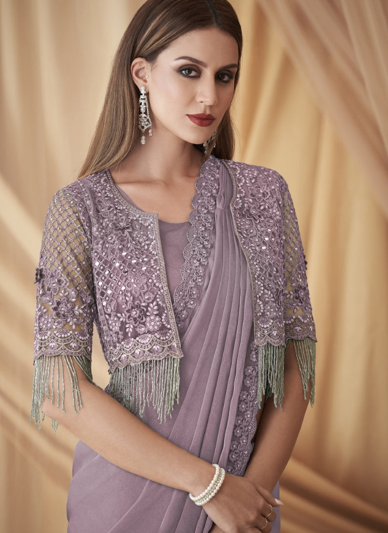 Light Purple Party Wear Saree With Jacket