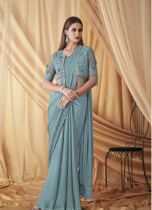 Sky Blue Party Wear Saree With Jacket