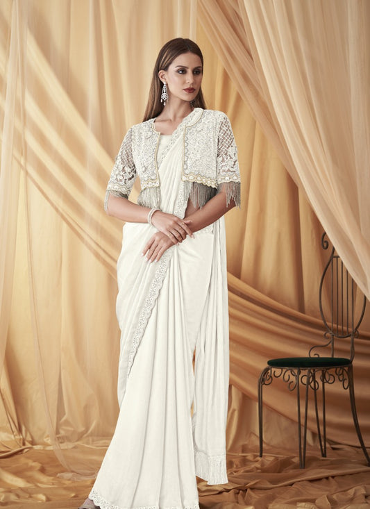 White Party Wear Saree With Jacket
