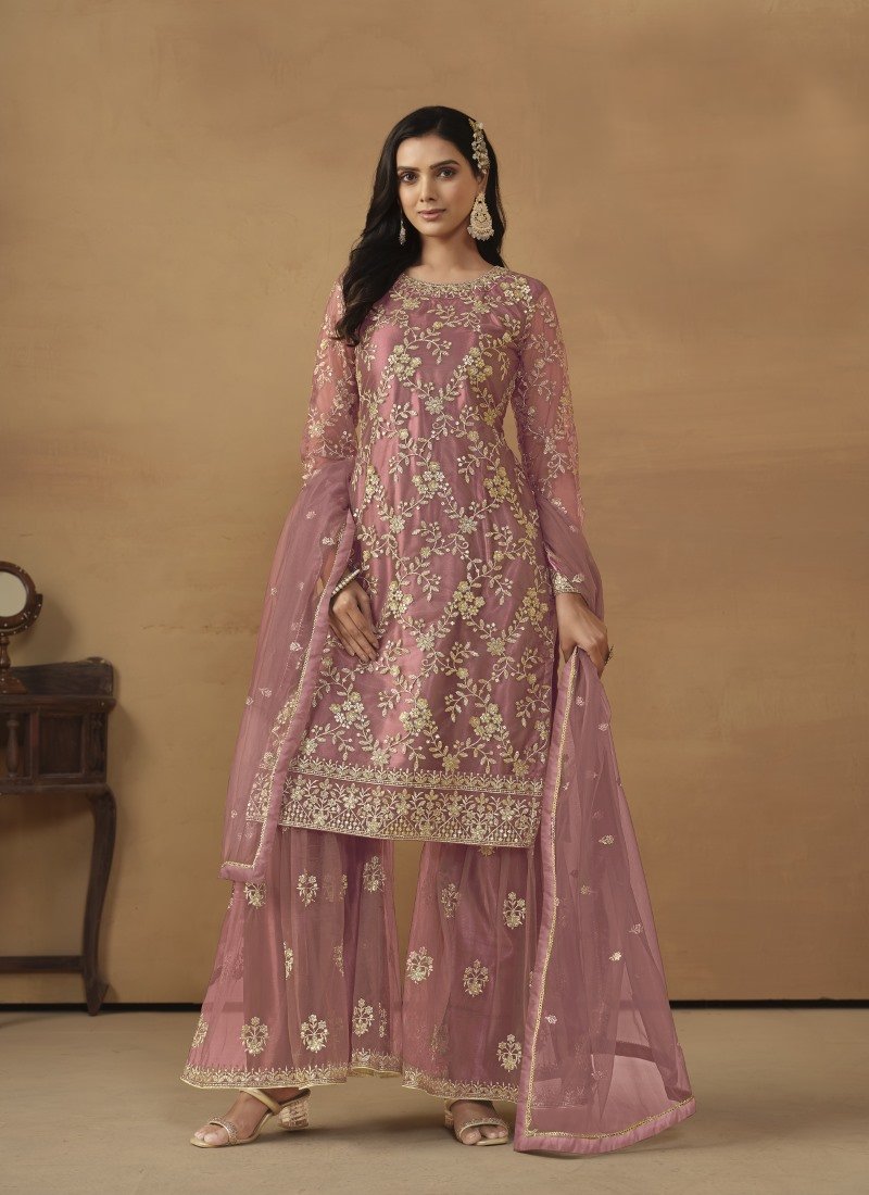 Pink Satin Sharara Suit With Embroidery Work