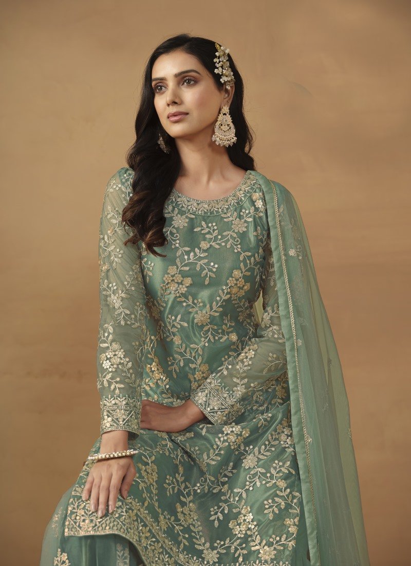 Sea Green Satin Sharara Suit With Embroidery Work-2