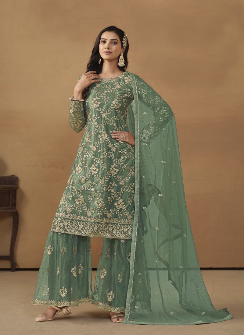 Sea Green Satin Sharara Suit With Embroidery Work-2