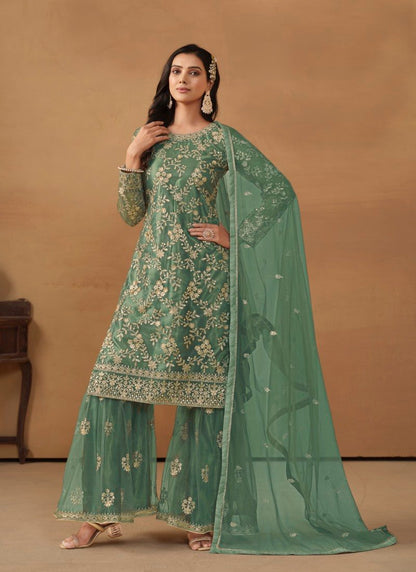 Sea Green Satin Sharara Suit With Embroidery Work-2