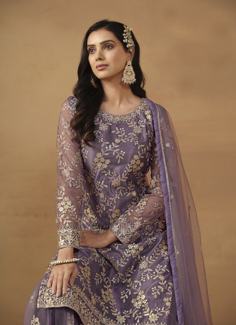 Light Purple Satin Sharara Suit With Embroidery Work-2