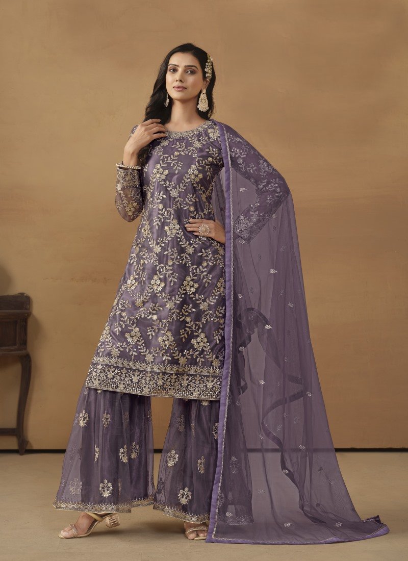 Light Purple Satin Sharara Suit With Embroidery Work-2