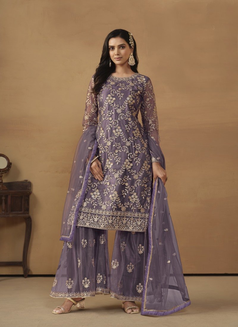 Light Purple Satin Sharara Suit With Embroidery Work-2