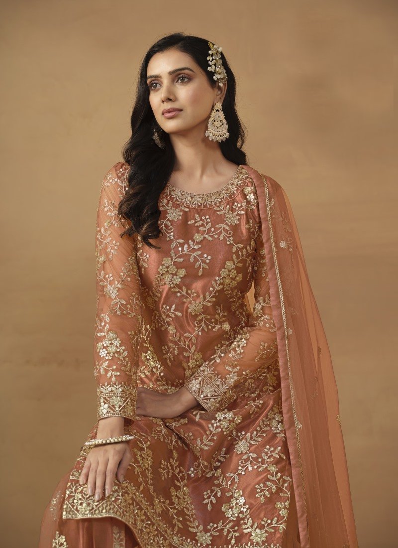 Orange Satin Sharara Suit With Embroidery Work-2